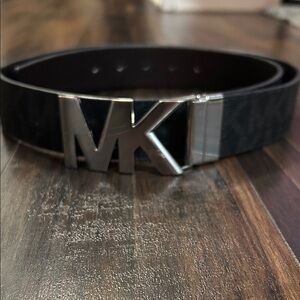 Michael Kors Black and Brown Monogrammed Belt with Silver MK Logo